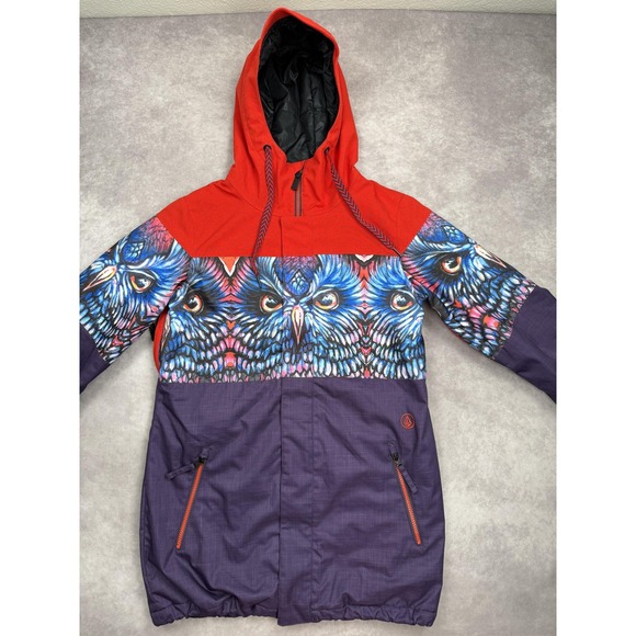 Volcom Jacket Womens Medium Long Red Purple Owl Print Hooded Waterproof B4BC - Picture 1 of 16